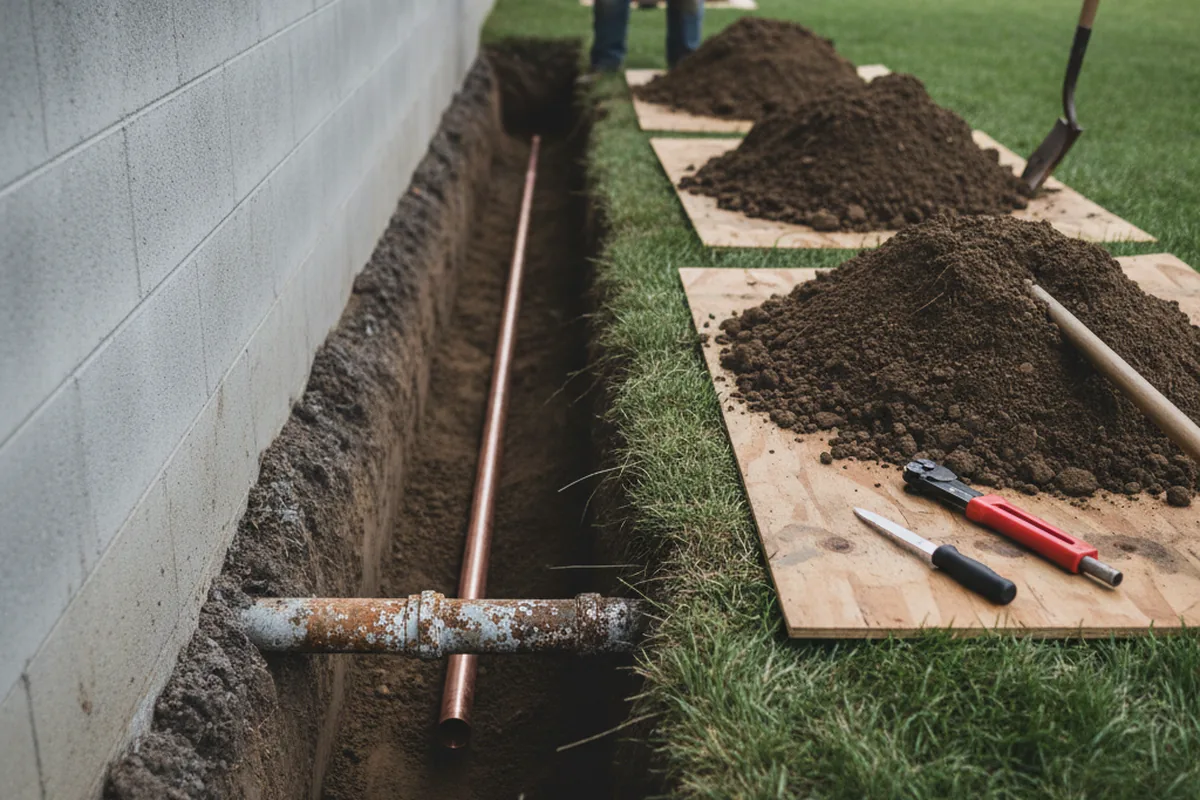 Excavated water line trench during Sewer Line Repair in Dearborn